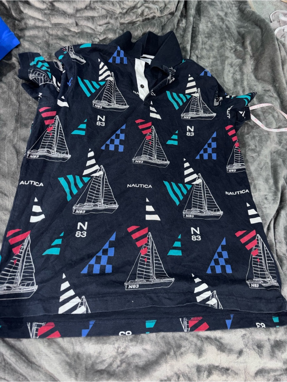 Nautica Boys Navy Polo with Teal & Red Nautical Print